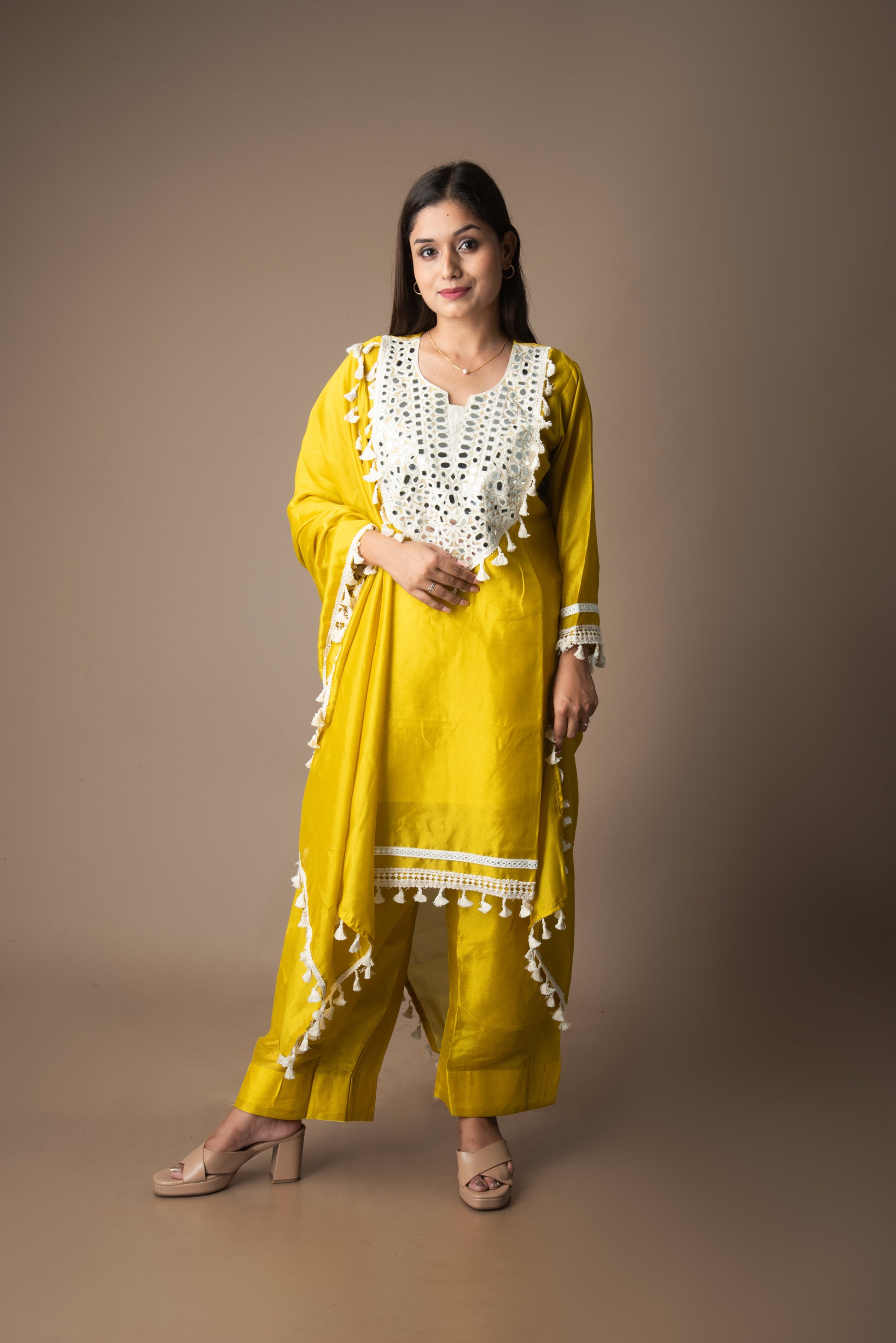 Vibha – Yellow Chinnon Mirror-Embroidered 3 Piece Set | The Utsav Edit