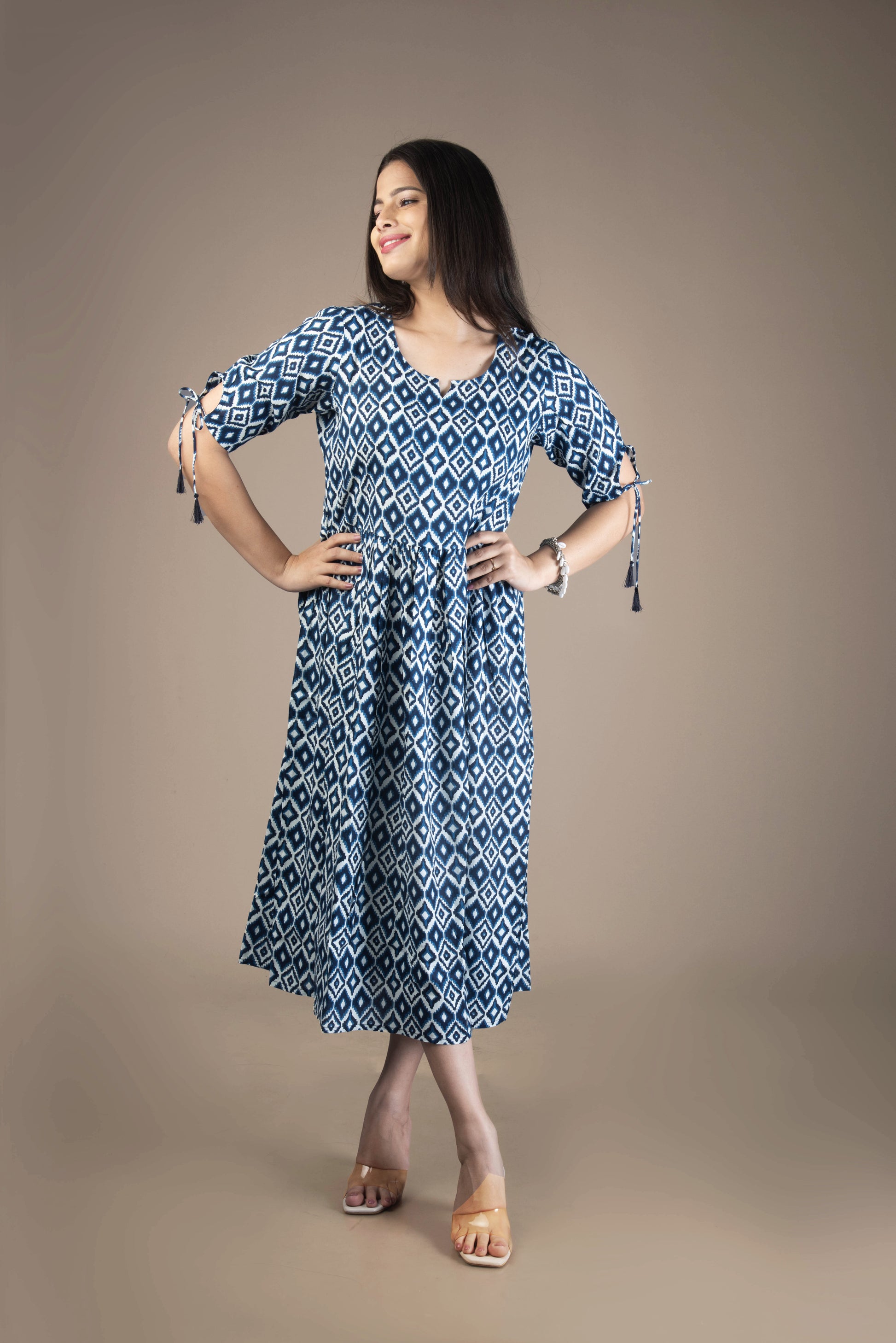 Svara – Blue Geometric Print Midi Dress with Tie-Up Sleeves | The Nitya Edit