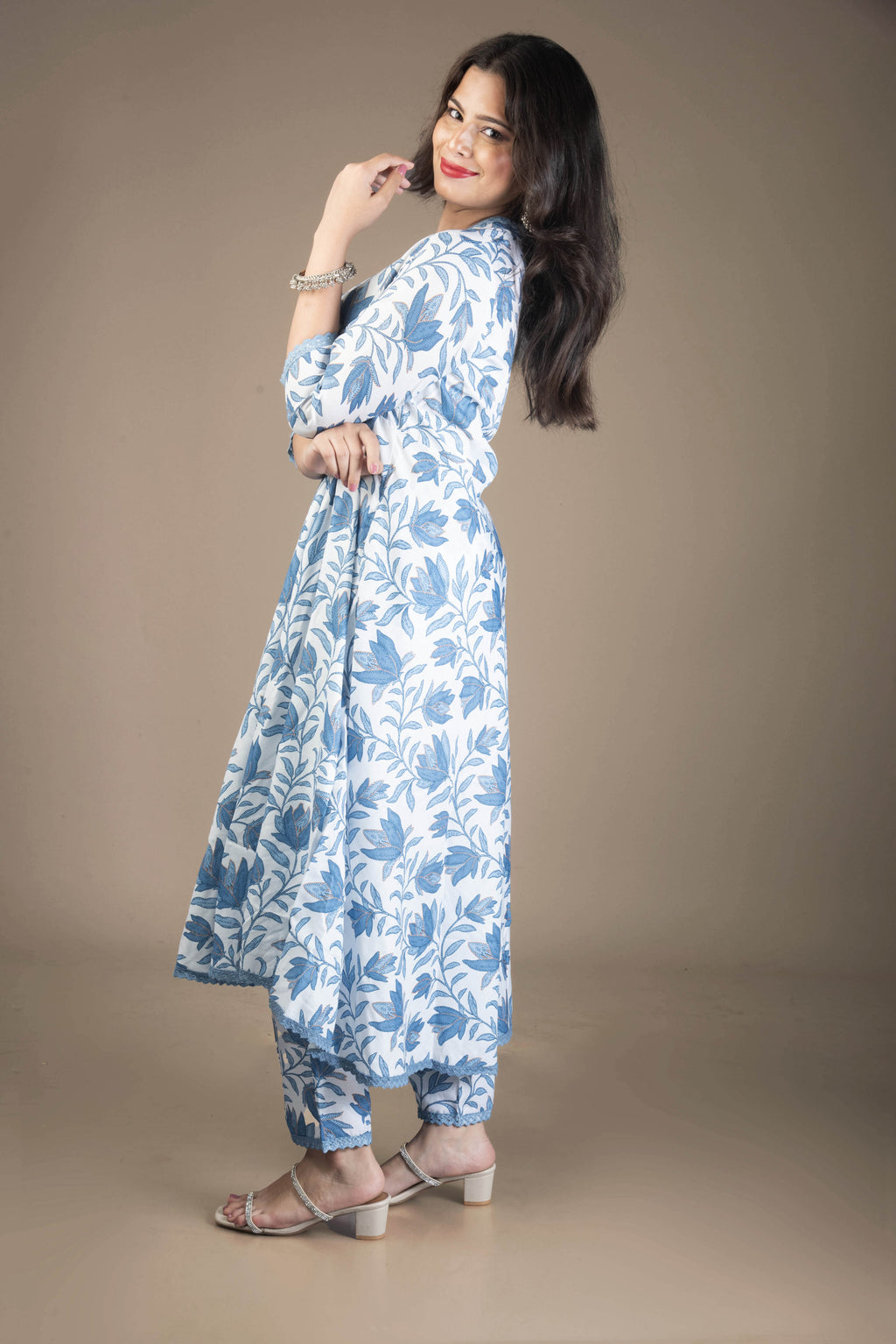 Shivani – White & Blue Anarkali Kurta Set | The Nitya Edit