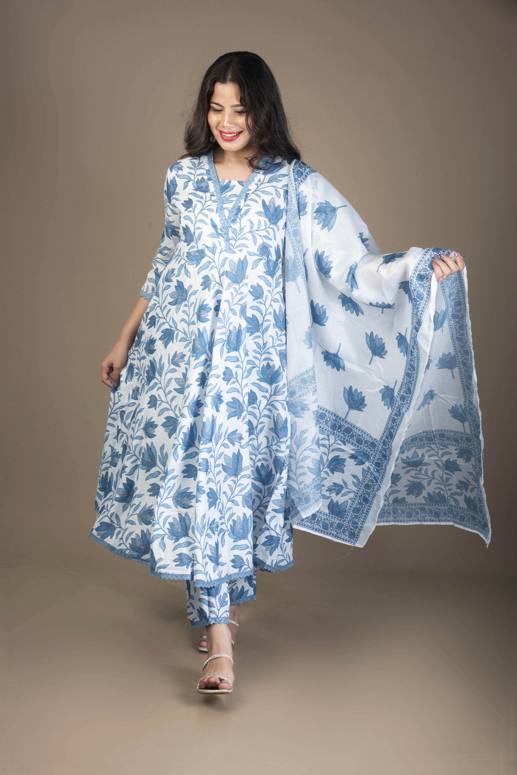 Shivani – White & Blue Anarkali Kurta Set | The Nitya Edit