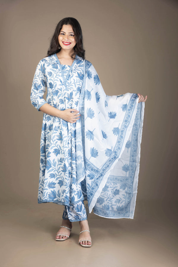 Shivani – White & Blue Anarkali Kurta Set | The Nitya Edit