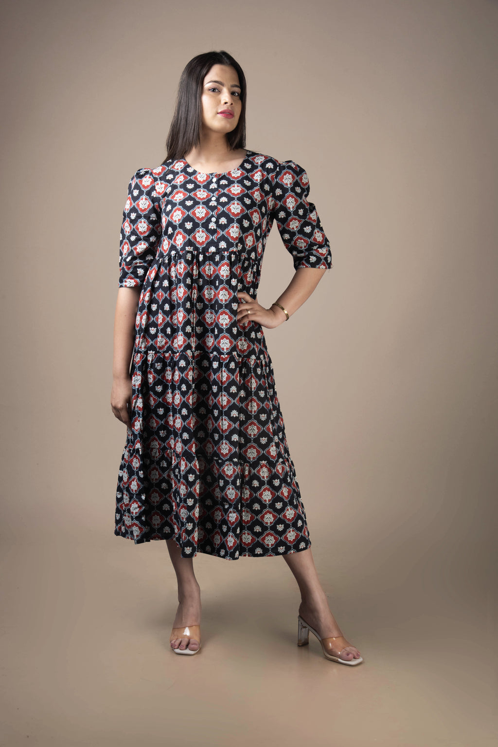 Avni – Black Ethnic Motif Print Midi Dress with Puff Sleeves | The Nitya Edit