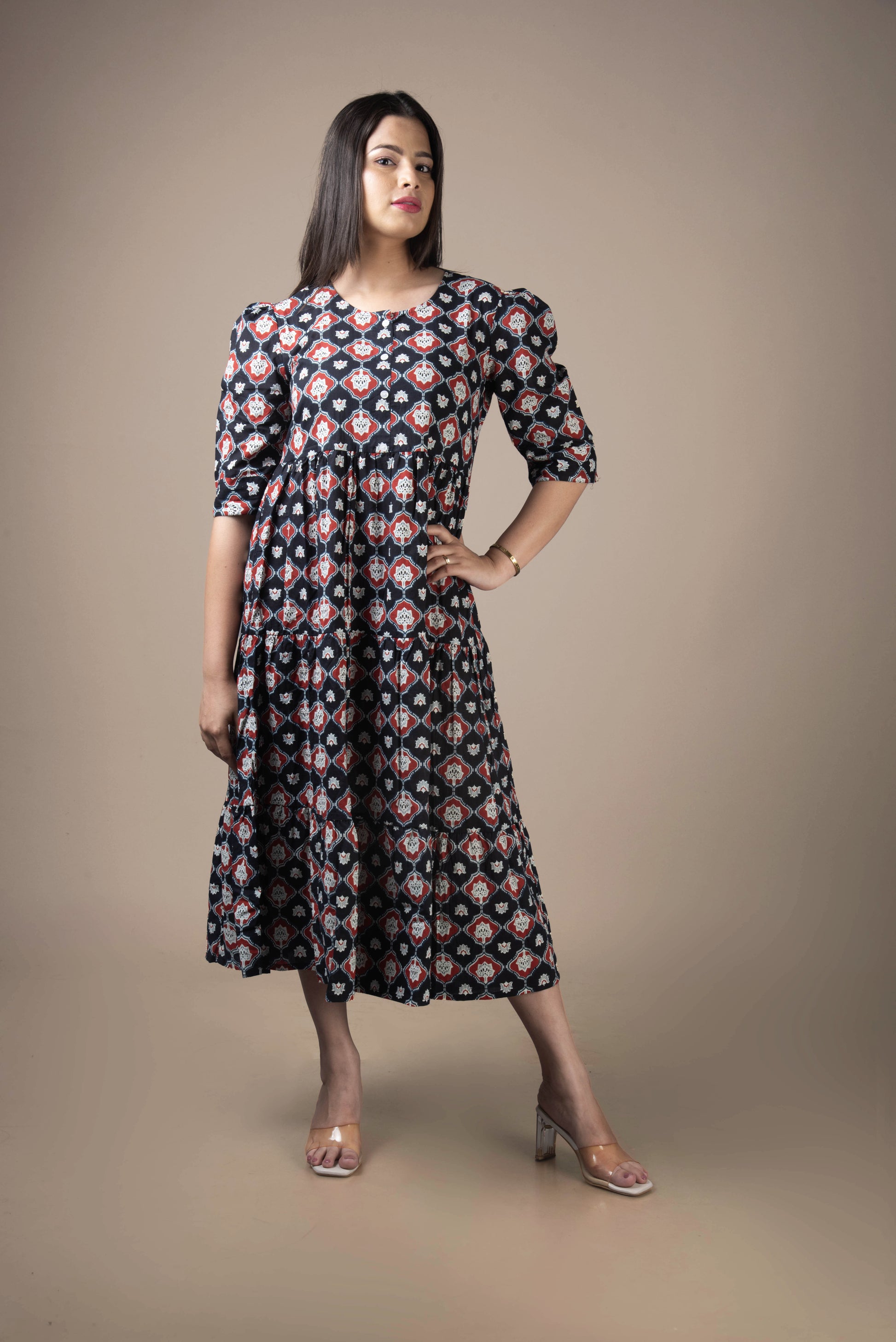 Avni – Black Ethnic Motif Print Midi Dress with Puff Sleeves | The Nitya Edit
