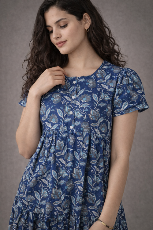 Woman wearing a blue floral dress against a gray background
