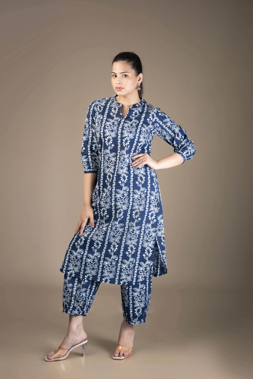 Aavya – Blue Afghani Pattern Kurta Bottom Set | The Nitya Edit