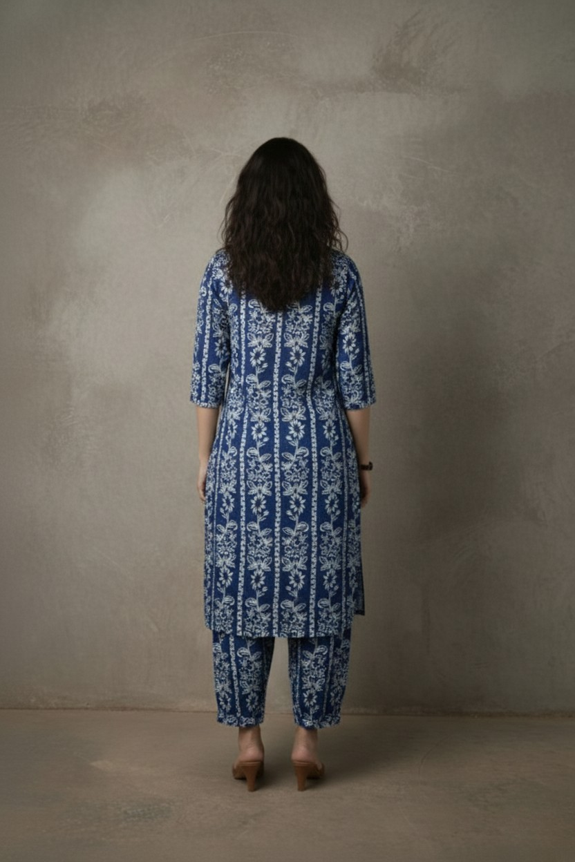 Person wearing a blue and white patterned kurta with pants against a plain background