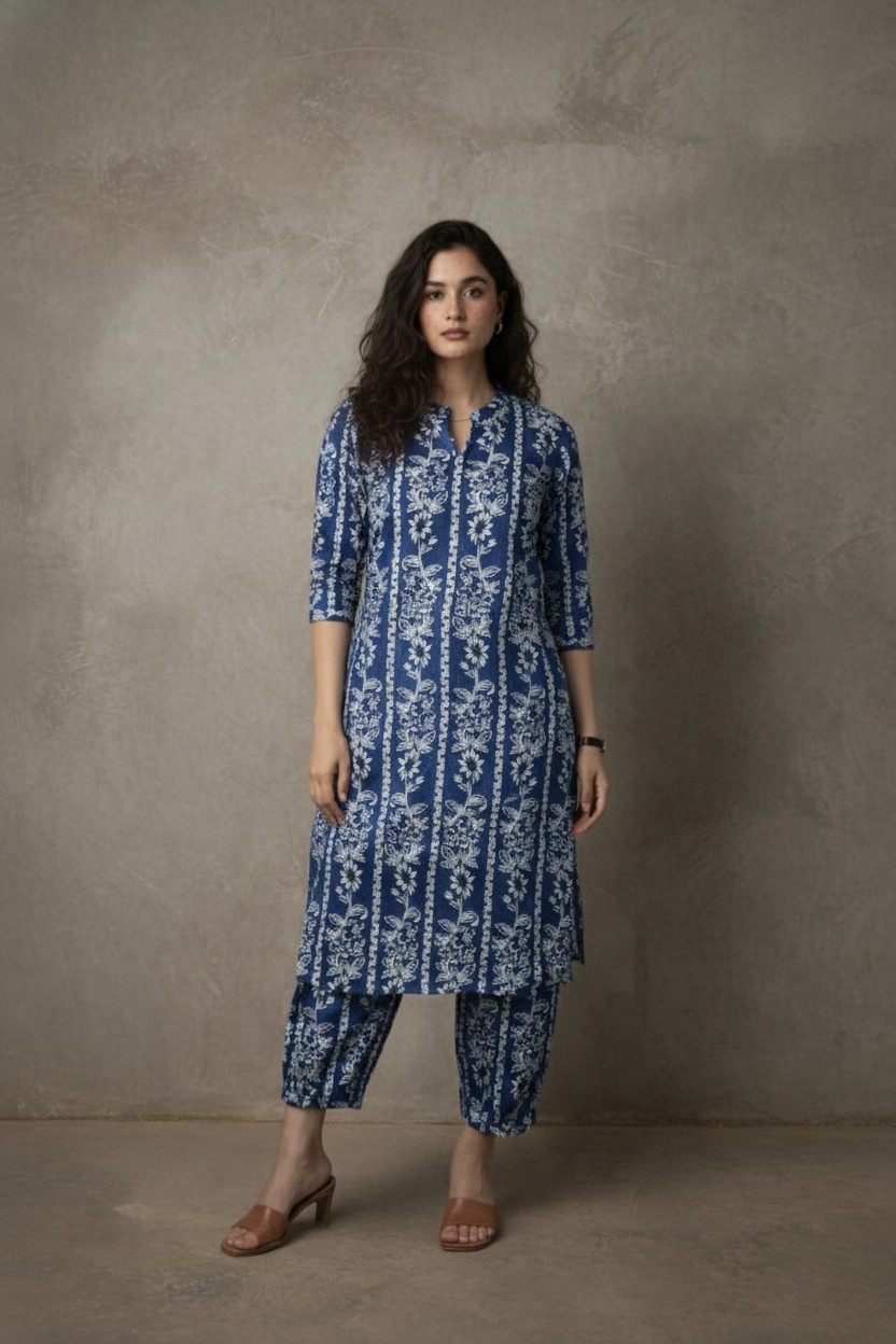 Woman wearing a blue and white patterned kurta with pants against a gray background