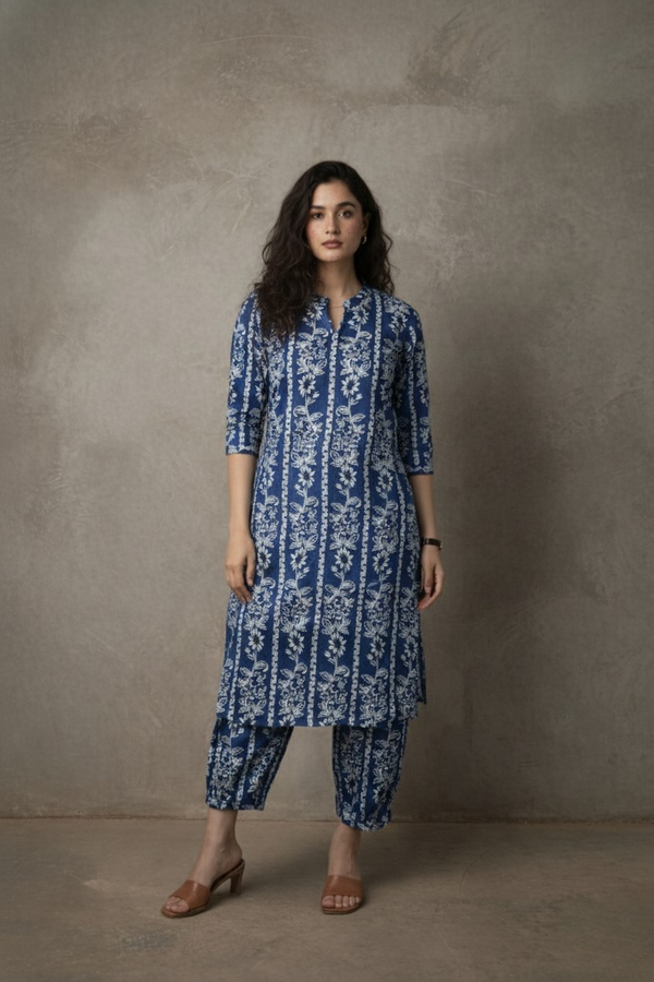 Aavya – Blue Afghani Pattern Kurta Bottom Set | The Nitya Edit
