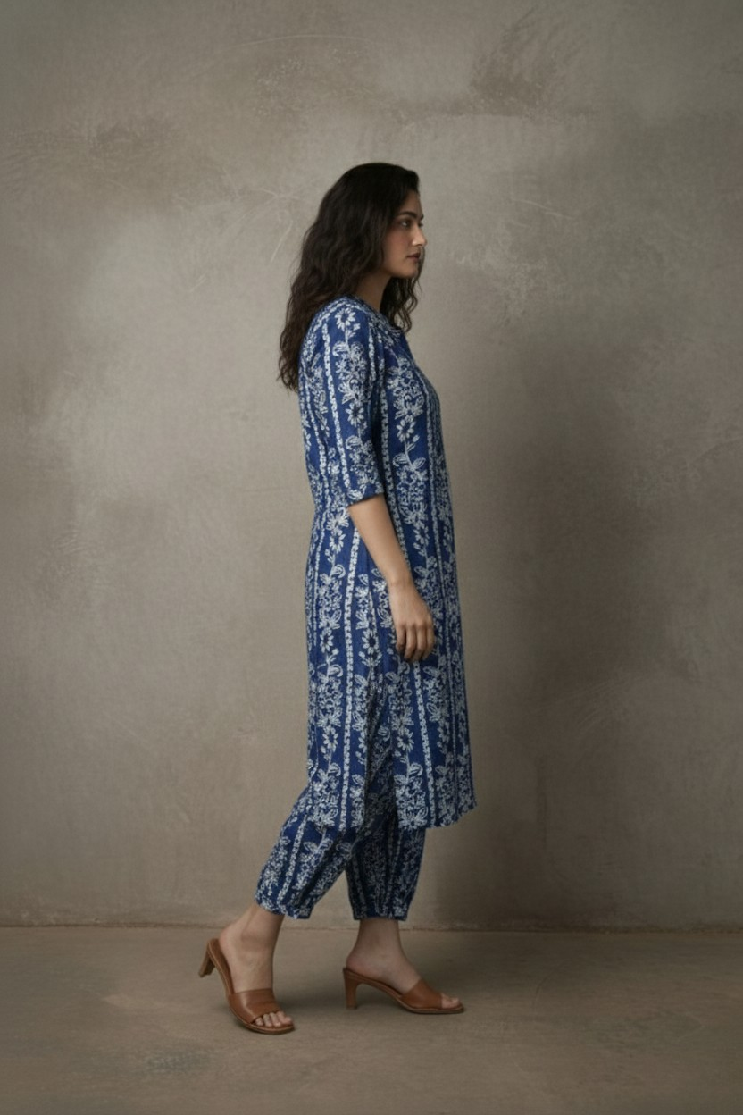 Woman wearing a blue and white patterned kurta with pants against a plain background