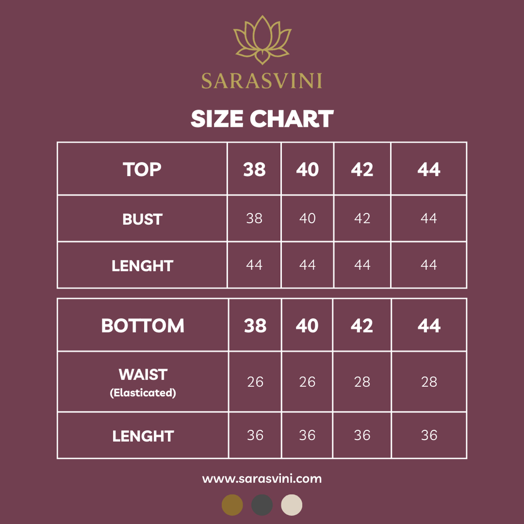 Size chart for Sarasvini clothing with measurements on a maroon background