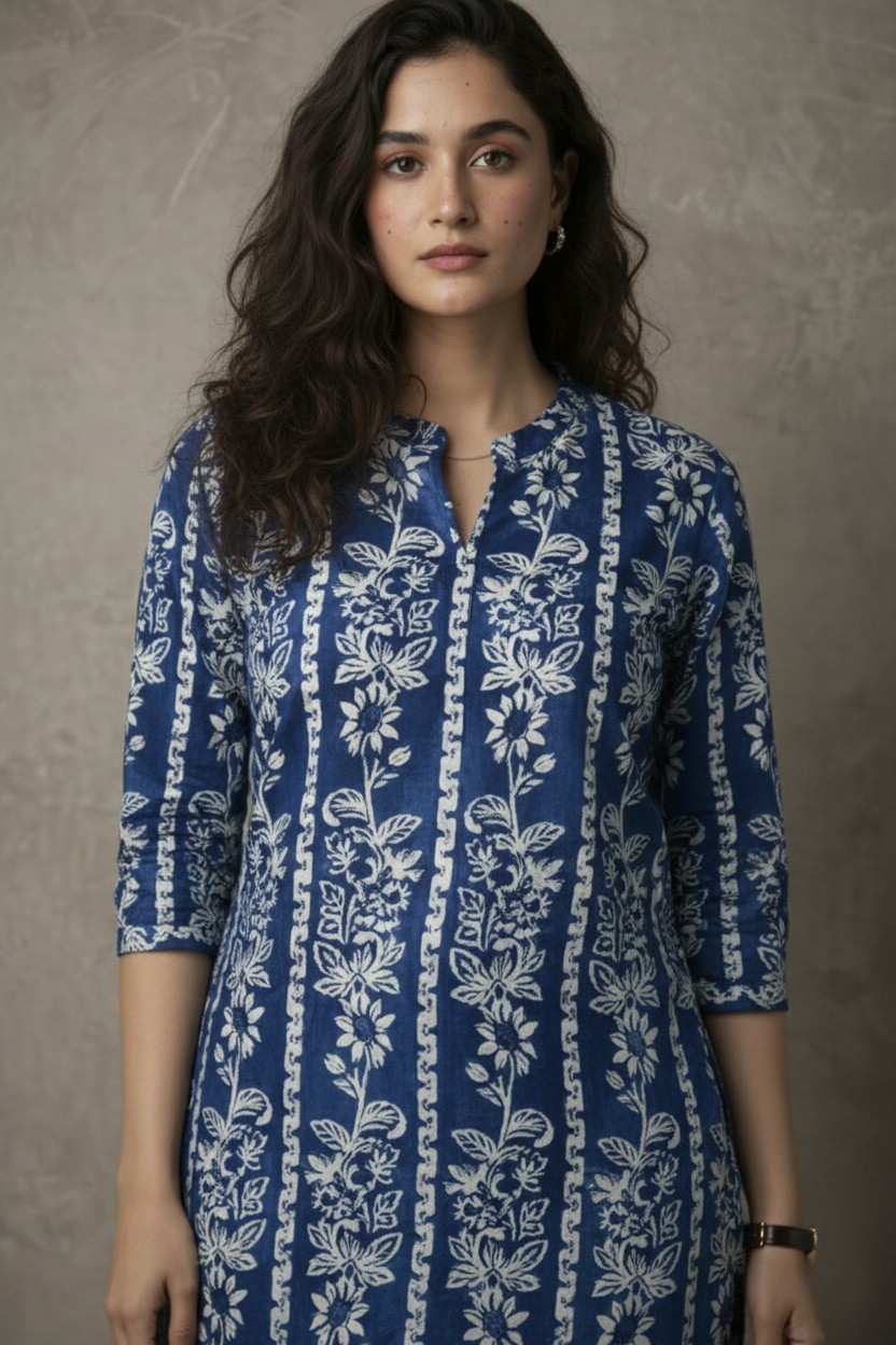 Woman wearing a blue floral patterned dress against a neutral background