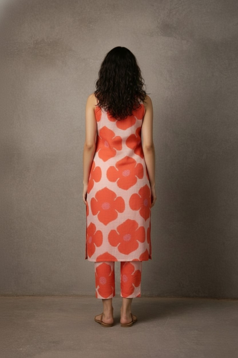 Woman wearing a red floral dress and pants against a gray background