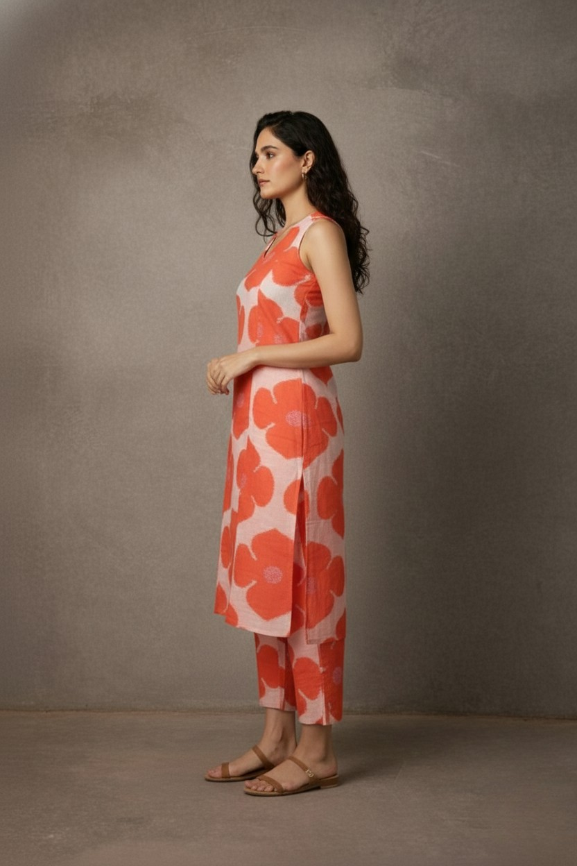 Woman wearing a red floral dress against a gray background