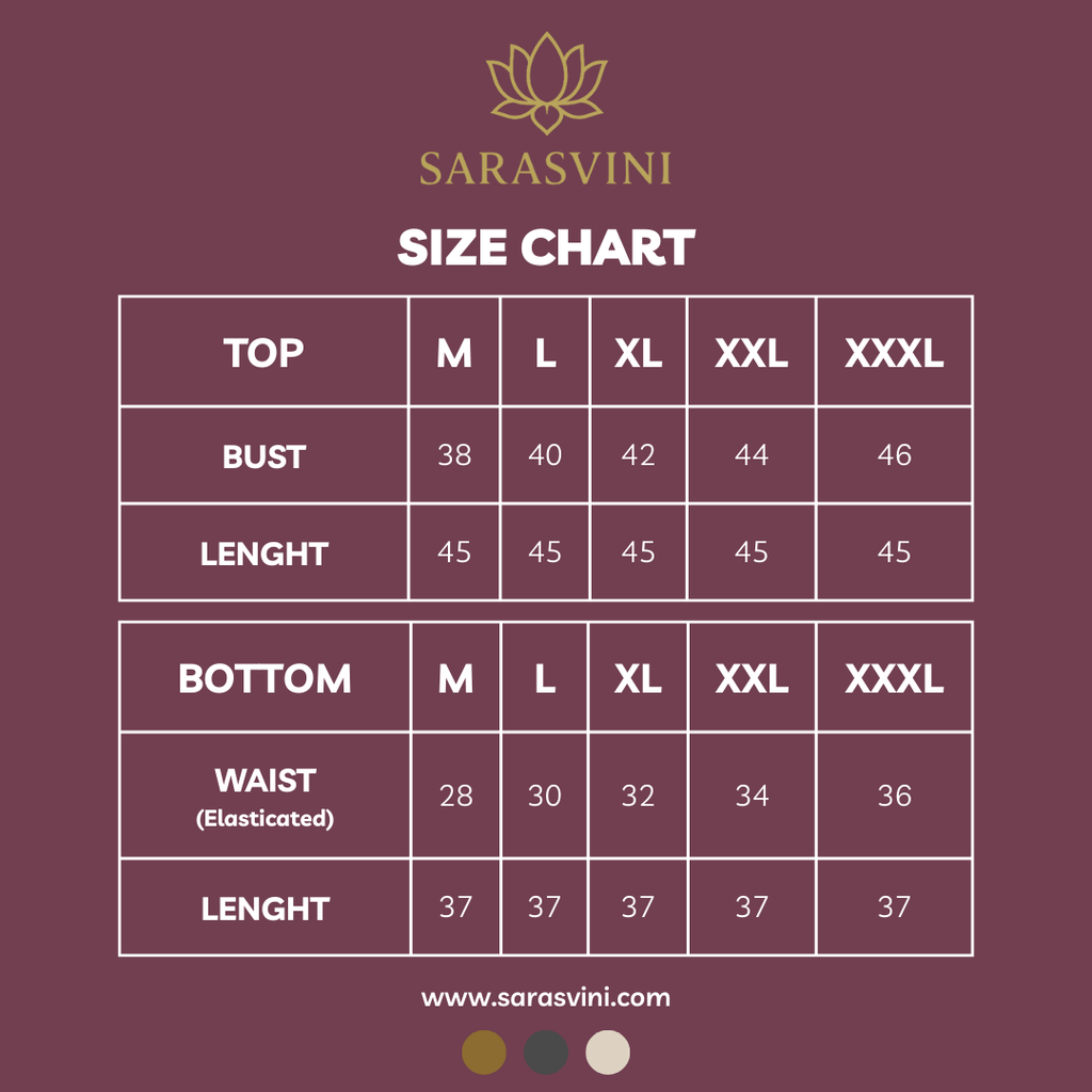 Size chart for Sarasvini clothing with measurements in millimeters on a maroon background.