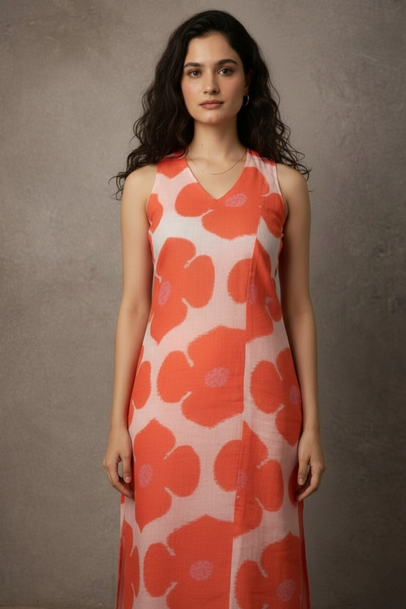 Woman wearing a red floral dress against a brown background