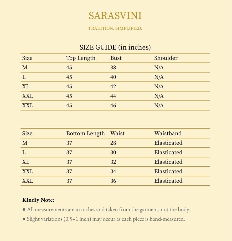 Size guide for Sarasvini clothing with measurements in inches.