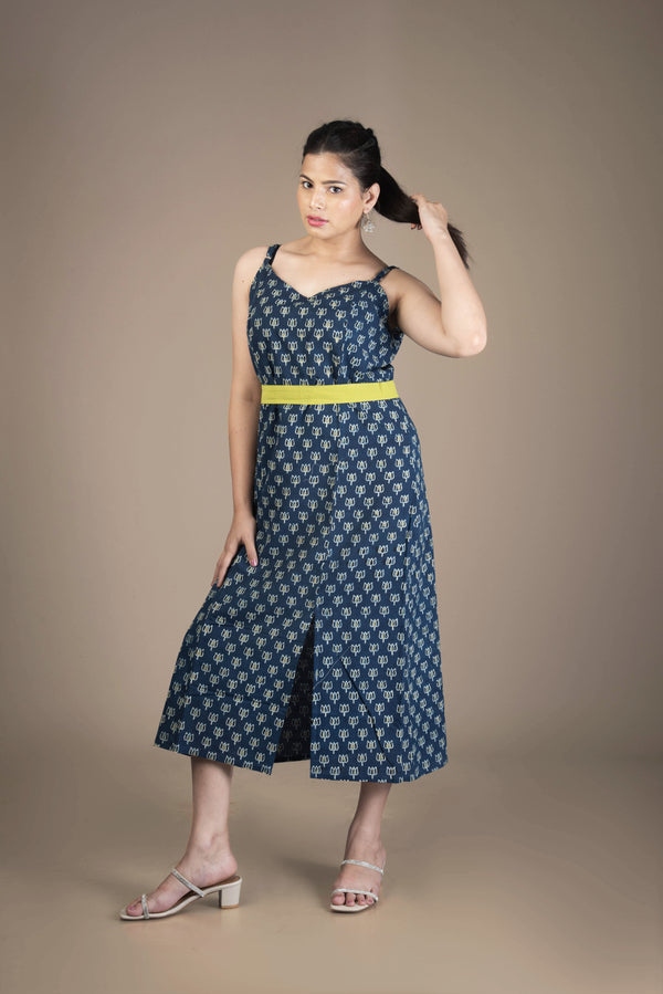 Amaya – Indigo Printed Strappy Dress with Contrast Yellow Waist Belt | The Nitya Edit