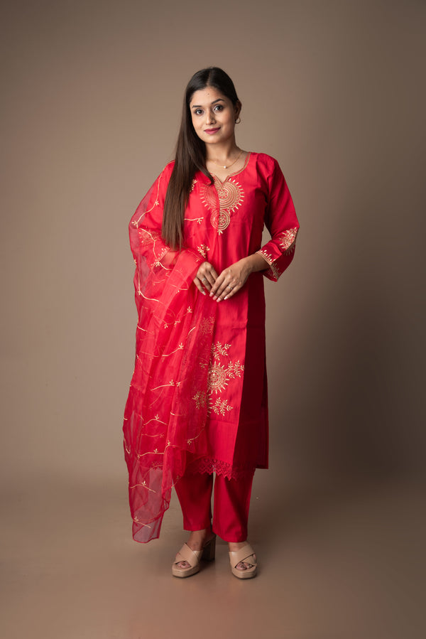 Arunika – Red Roman Silk Embroidered 3 Piece Set | The Utsav Edit