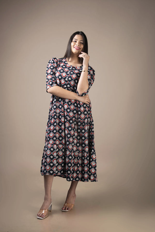 Avni – Black Ethnic Motif Print Midi Dress with Puff Sleeves | The Nitya Edit