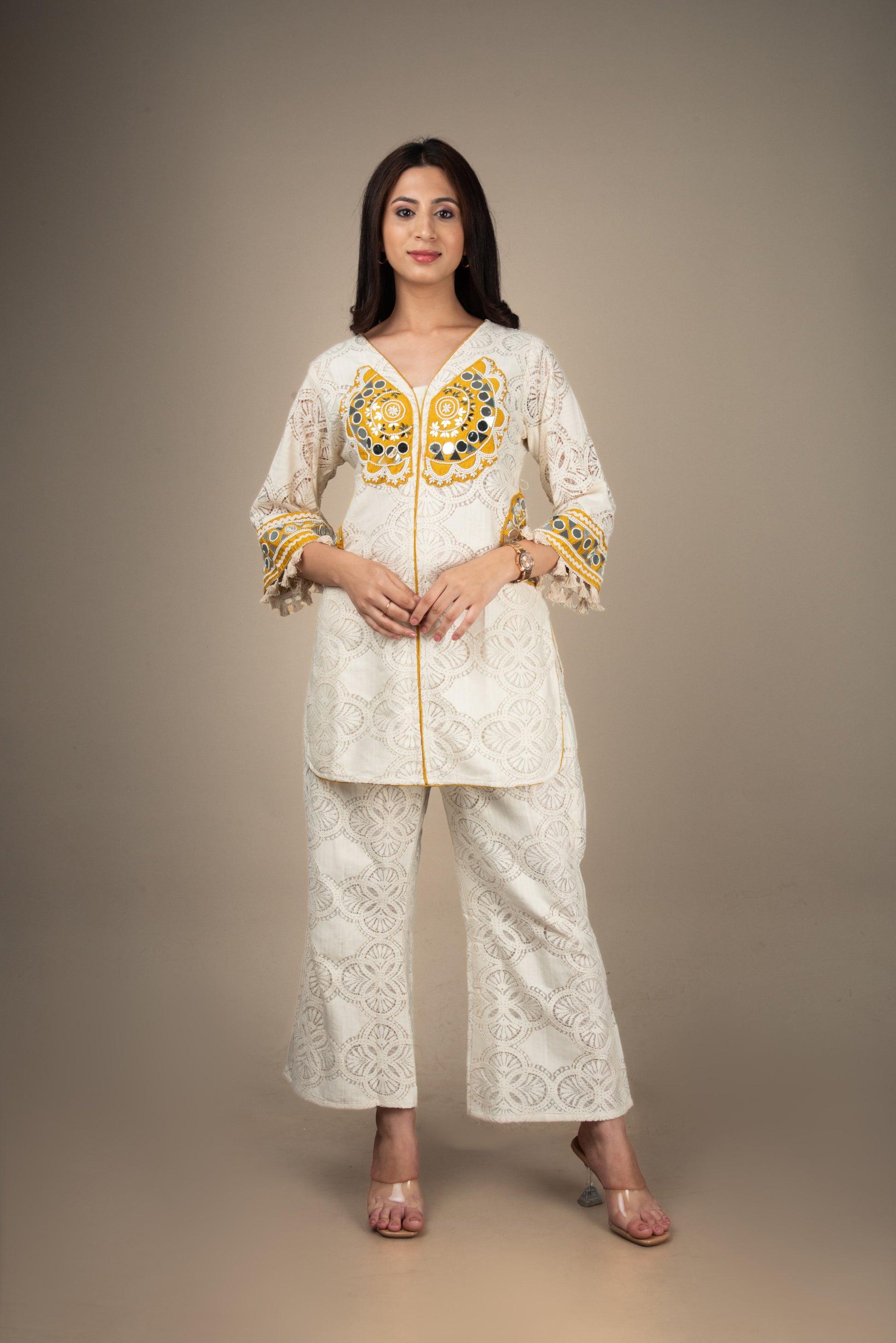 Saanjh - Cream Schiffli Mirror Co-ord Set | The Heirloom Edit