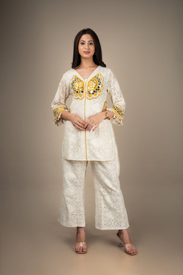 Saanjh - Cream Schiffli Mirror Co-ord Set | The Heirloom Edit
