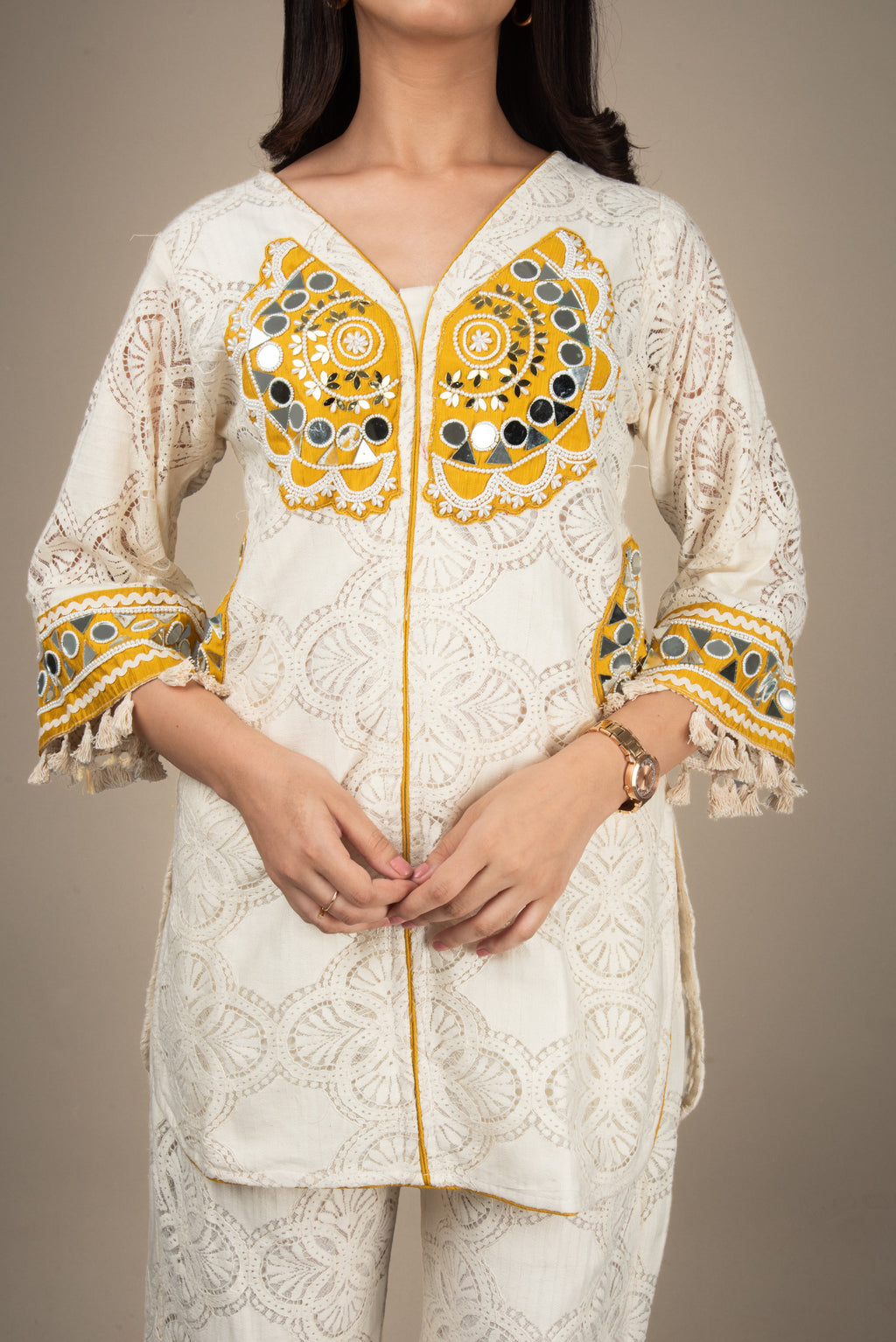 Saanjh - Cream Schiffli Mirror Co-ord Set | The Heirloom Edit