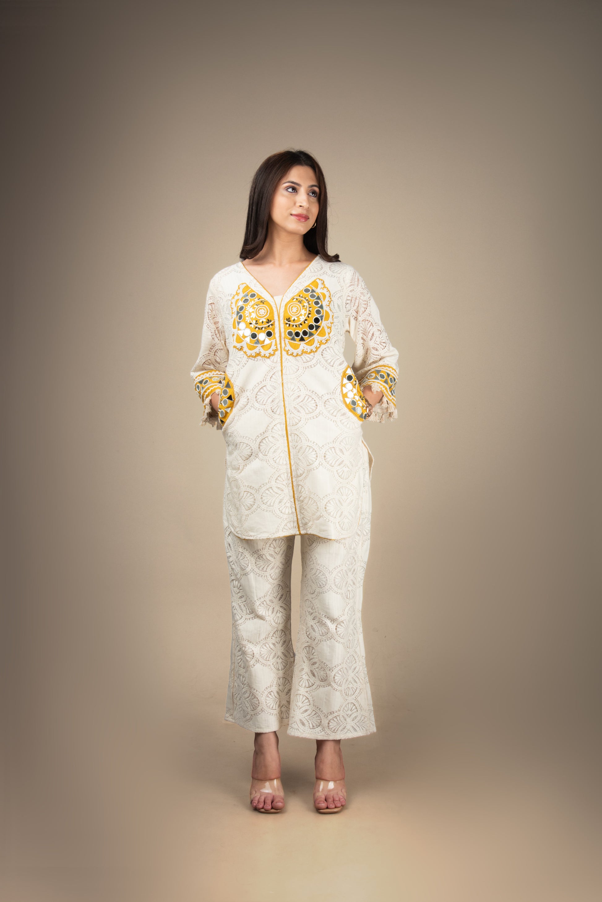 Saanjh - Cream Schiffli Mirror Co-ord Set | The Heirloom Edit