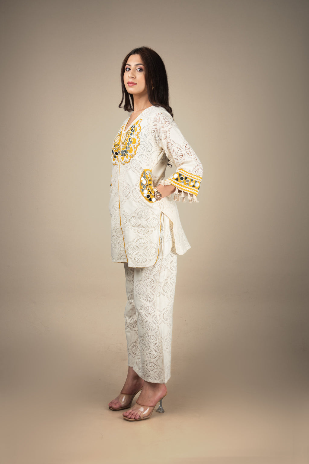 Saanjh - Cream Schiffli Mirror Co-ord Set | The Heirloom Edit