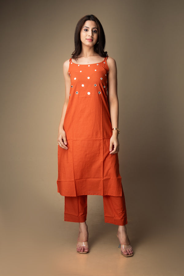 Kanika – Rust Kurta Set with Foil Mirror Accents | The Nitya Edit