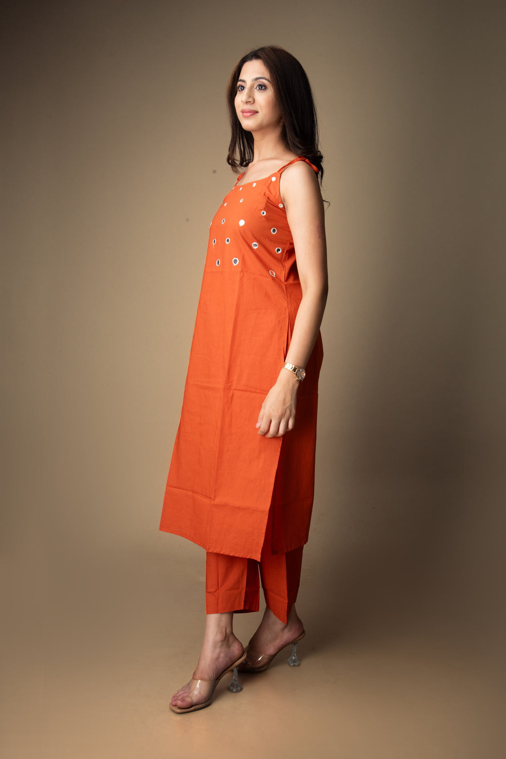 Kanika – Rust Kurta Set with Foil Mirror Accents | The Nitya Edit