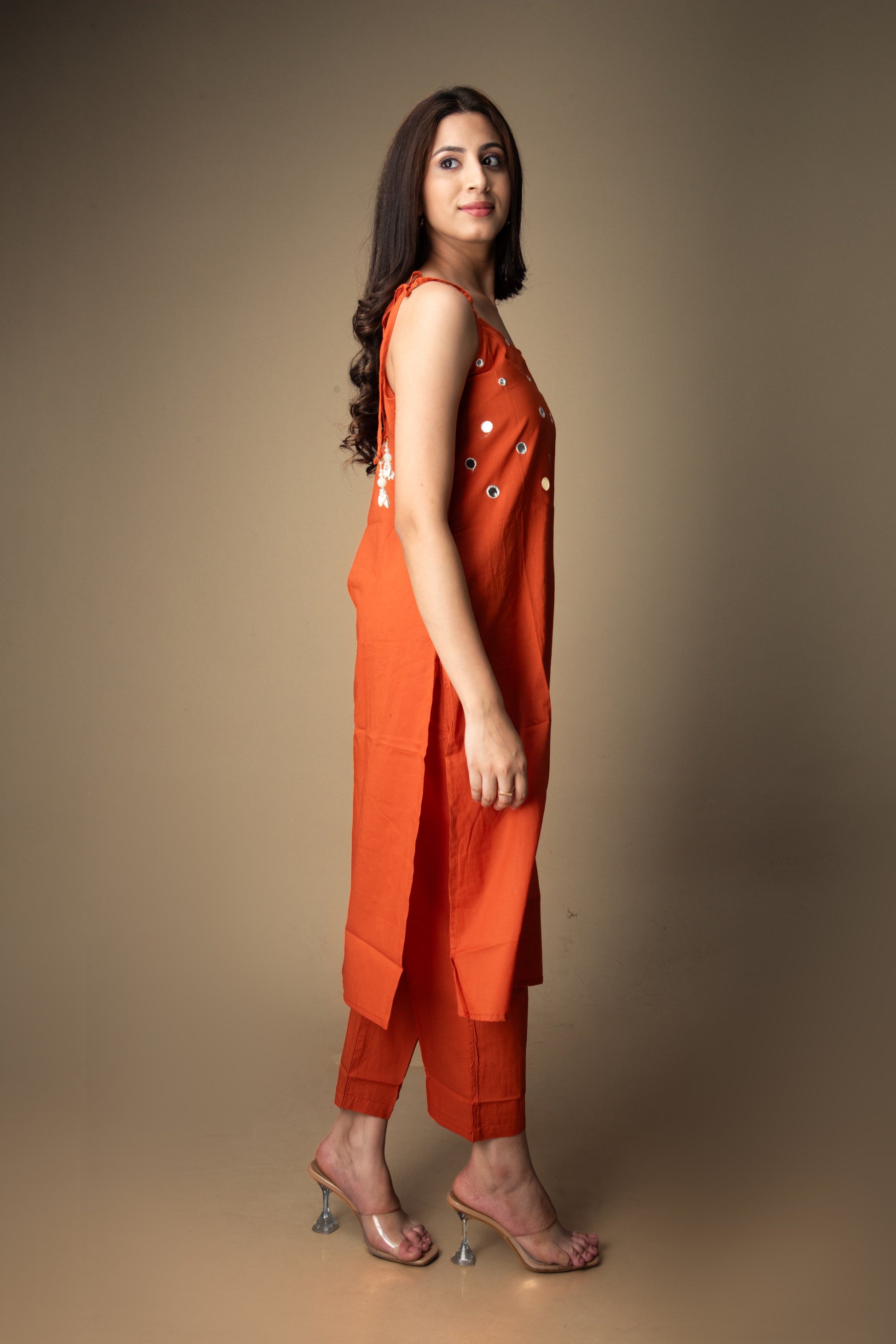 Kanika – Rust Kurta Set with Foil Mirror Accents | The Nitya Edit