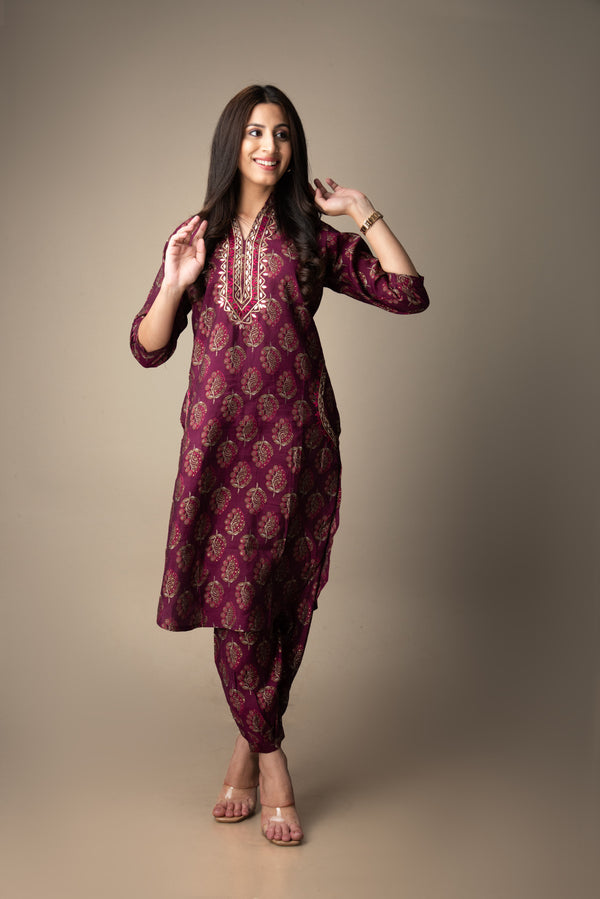 Gulzar – Maroon Printed Afghani Kurta Bottom Set | The Nitya Edit