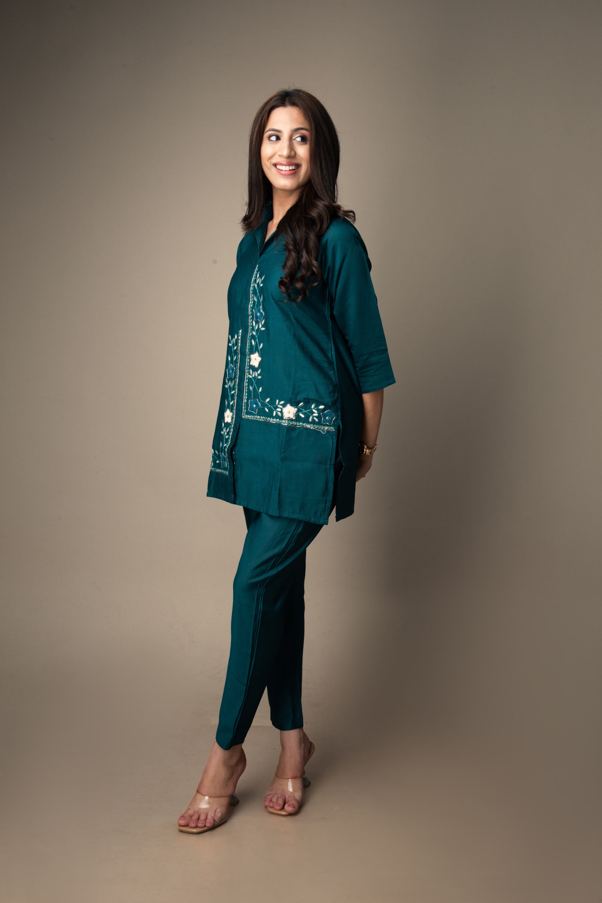Aarvi – Teal Embroidered Co-ord Set | The Nitya Edit