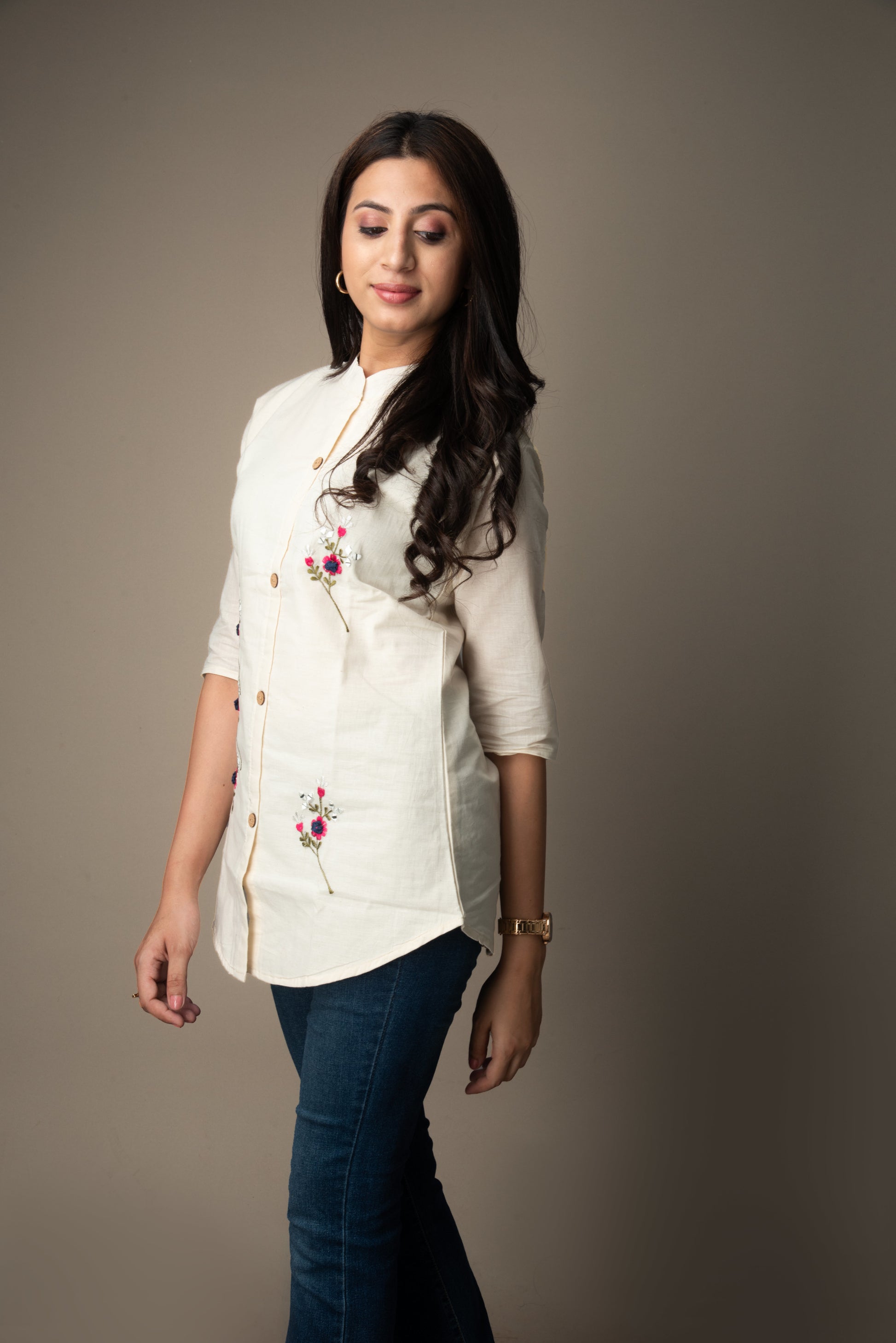 Kshirja – Cream Embroidered Shirt Top | The Nitya Edit