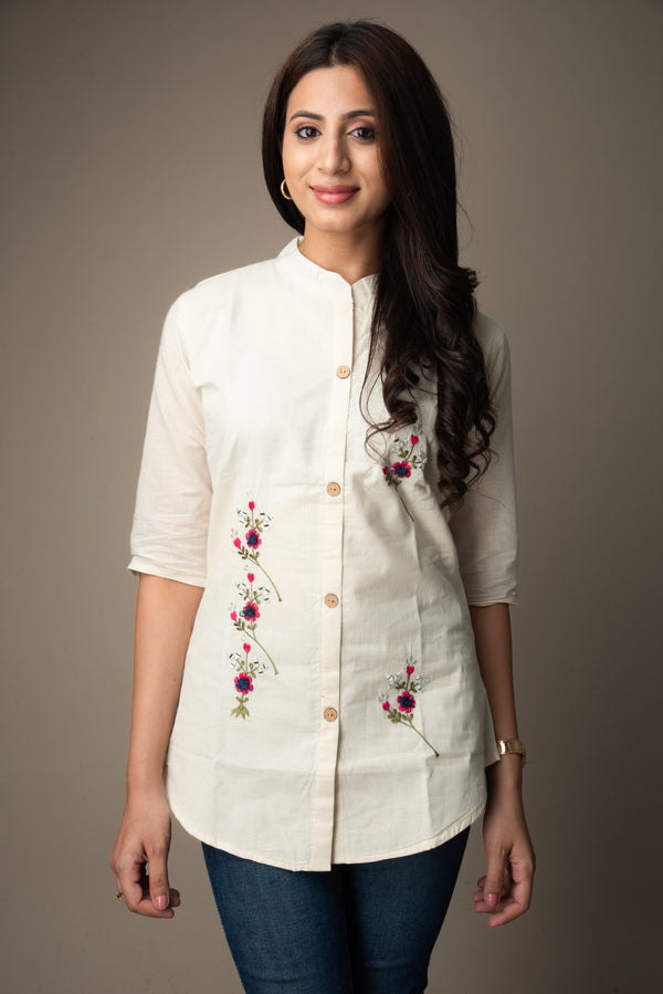 Kshirja – Cream Embroidered Shirt Top | The Nitya Edit