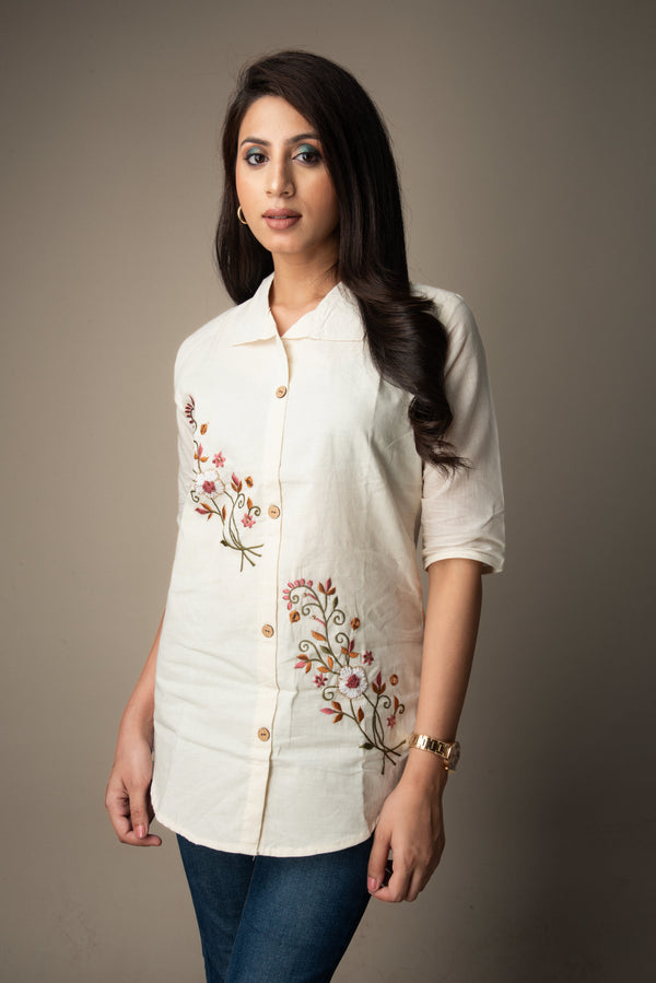Vidhatri – Embroidered Button-Down Shirt Top | The Nitya Edit