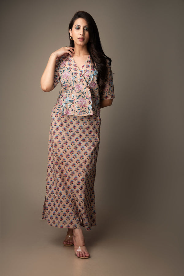 Aarunya – Handprinted Dabu Co-ord Set in Earthy Tones | The Nitya Edit