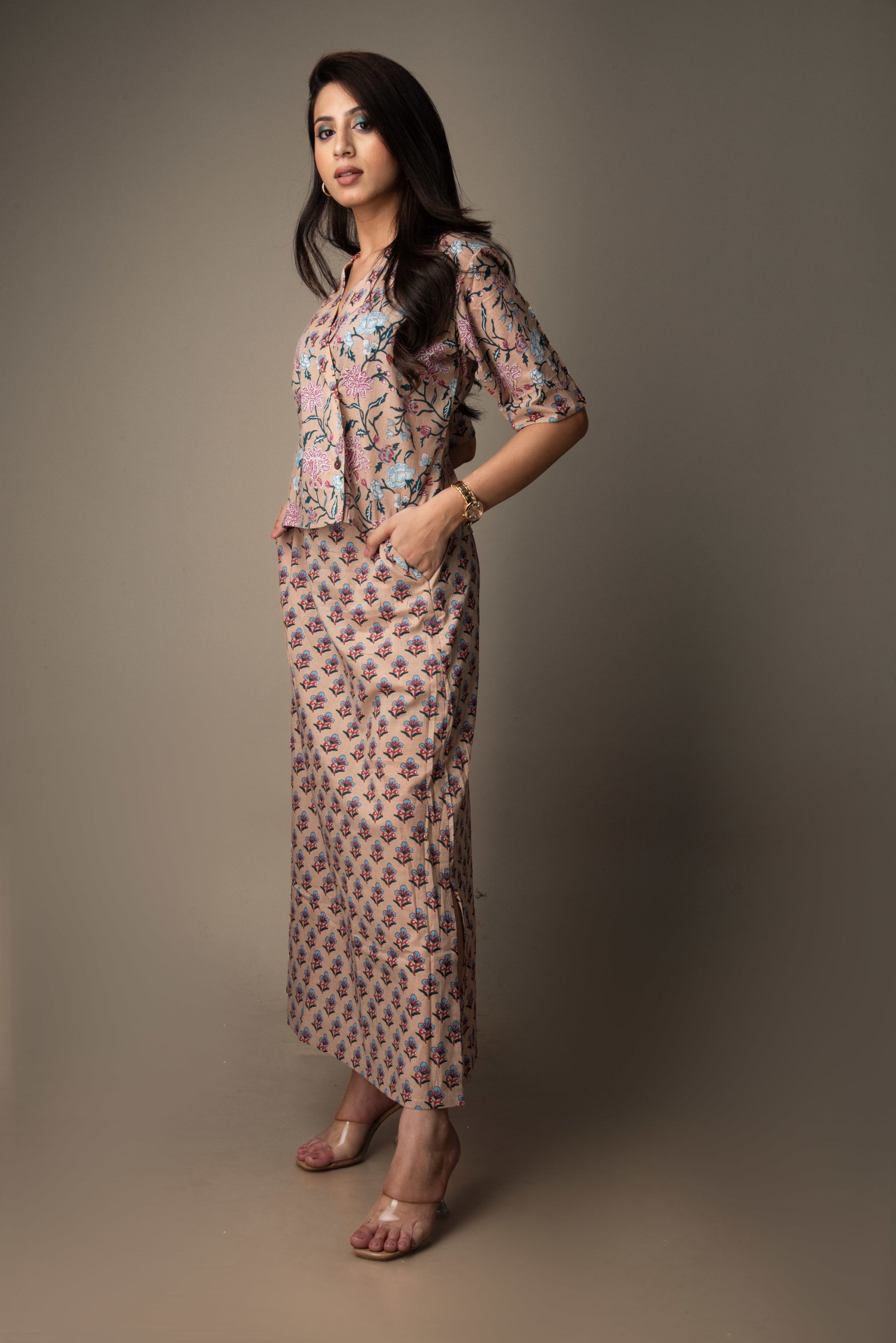 Aarunya – Handprinted Dabu Co-ord Set in Earthy Tones | The Nitya Edit