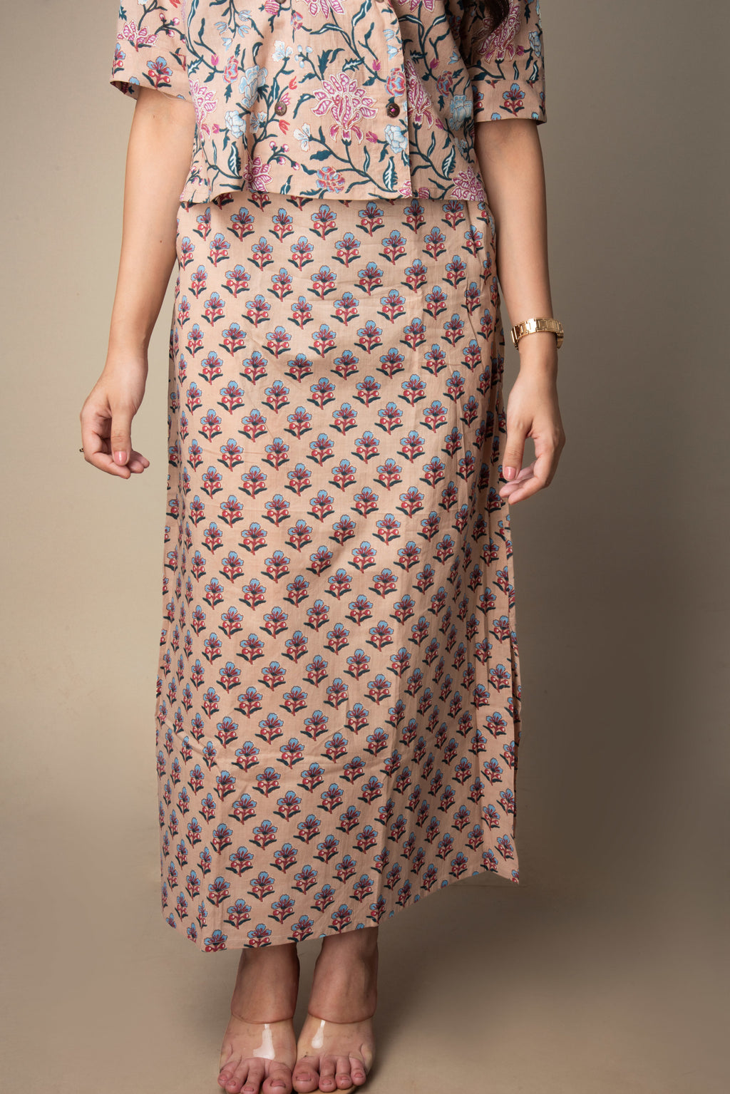 Aarunya – Handprinted Dabu Co-ord Set in Earthy Tones | The Nitya Edit