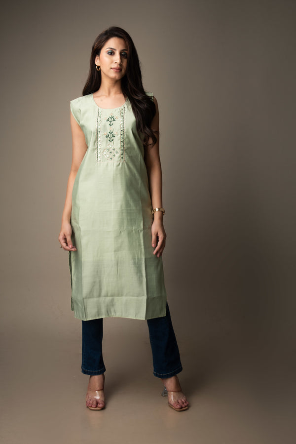 Gulnaar - Light Green Kurti with Mirror Work | The Nitya Edit