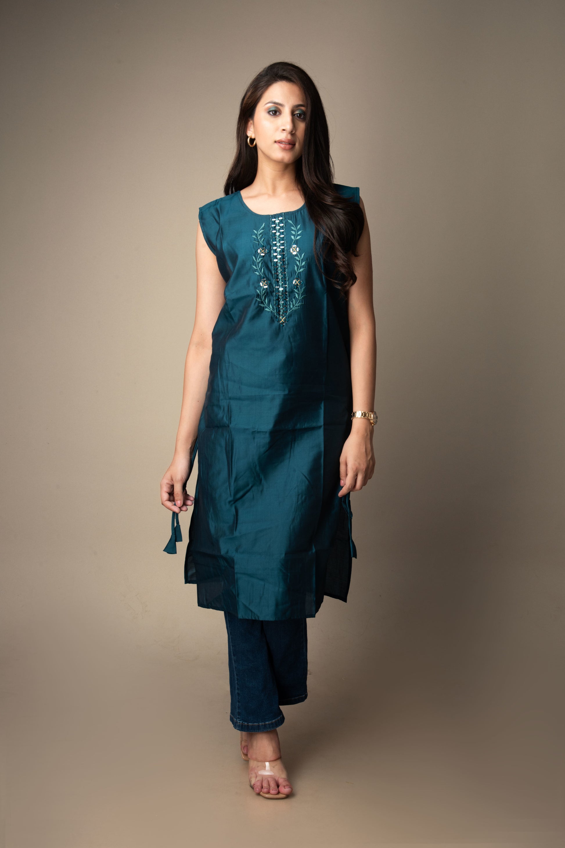 Tarini – Teal Blue Mirror-Embroidered Kurti | The Nitya Edit