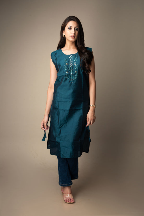 Tarini – Teal Blue Mirror-Embroidered Kurti | The Nitya Edit