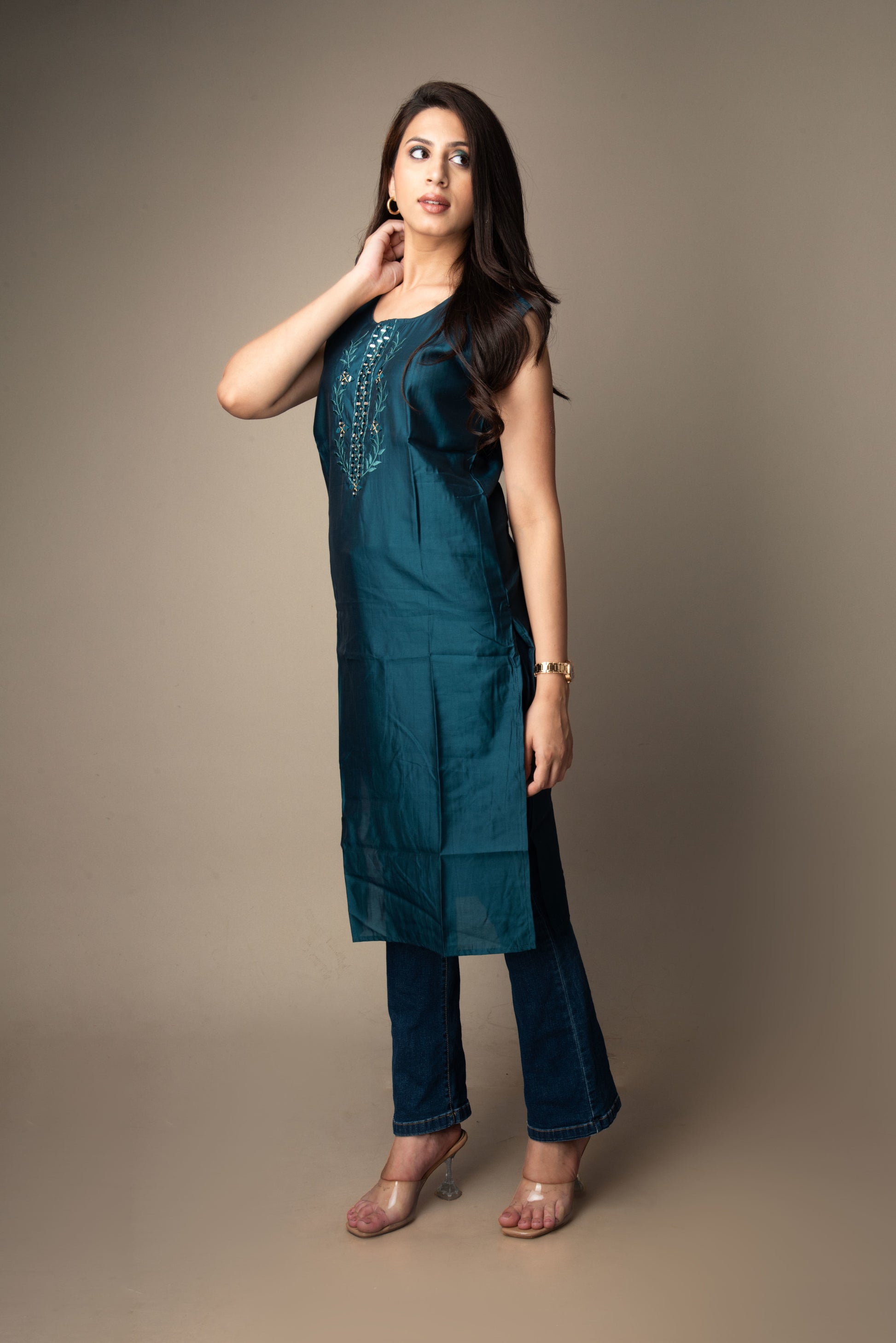 Tarini – Teal Blue Mirror-Embroidered Kurti | The Nitya Edit
