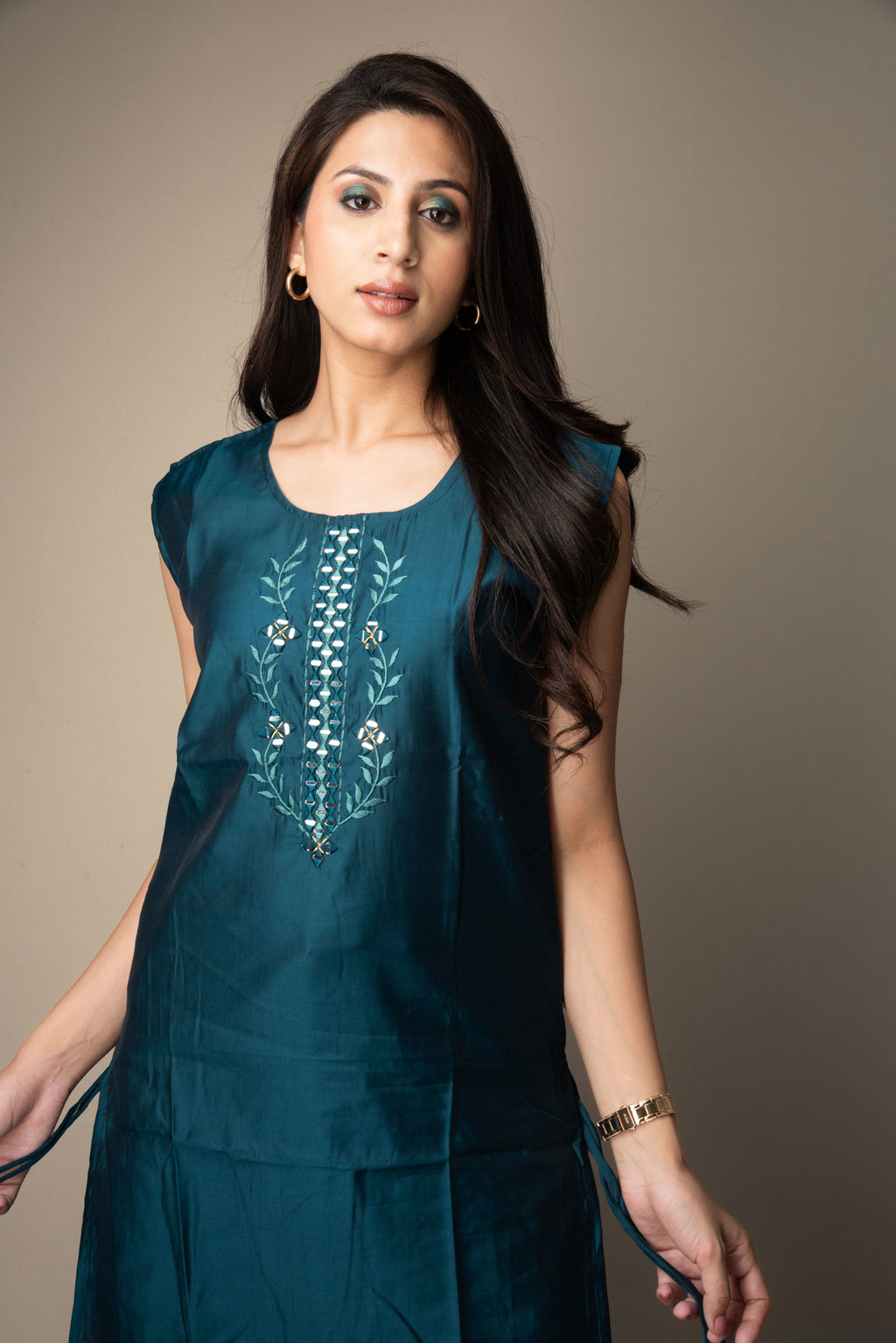 Tarini – Teal Blue Mirror-Embroidered Kurti | The Nitya Edit