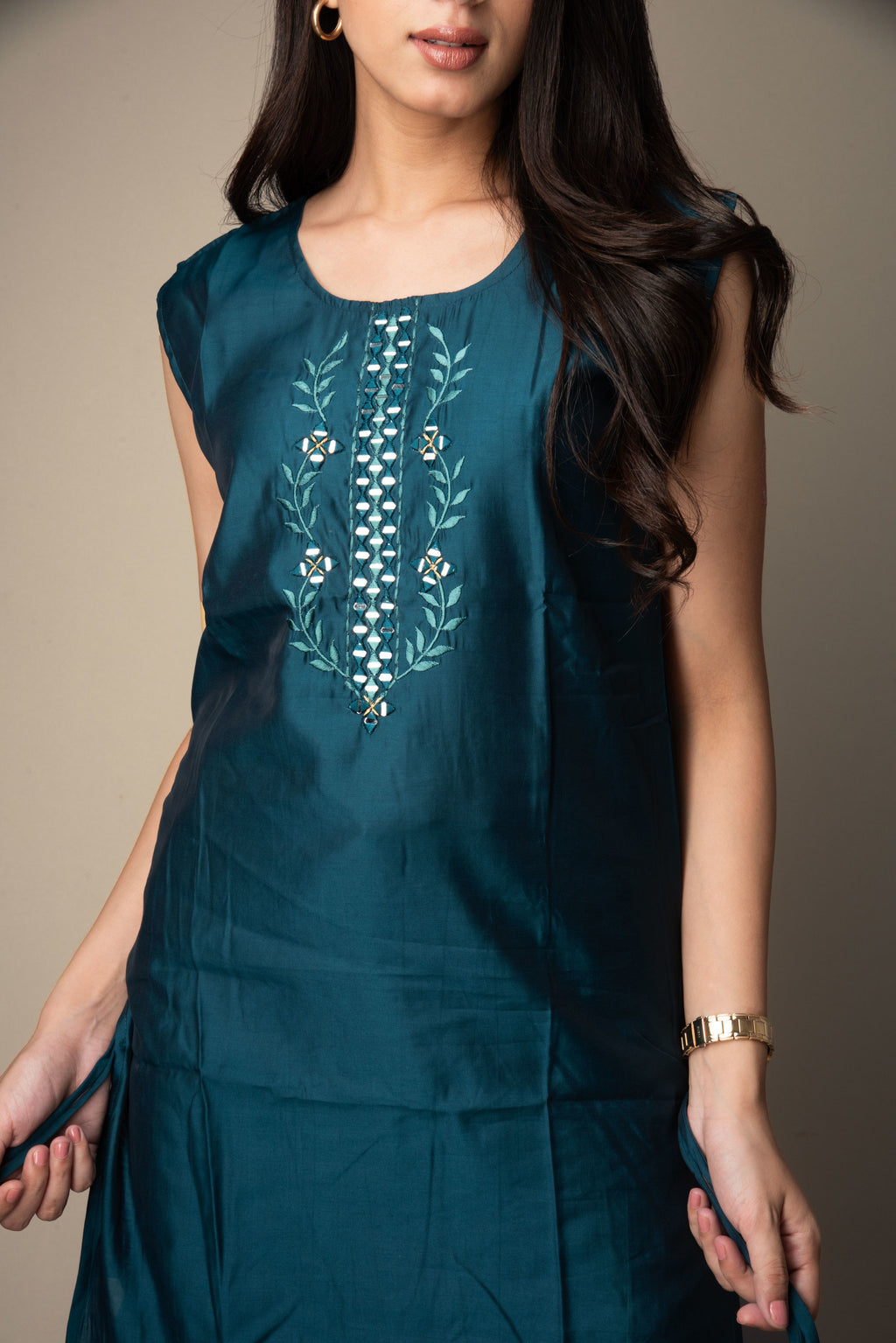 Tarini – Teal Blue Mirror-Embroidered Kurti | The Nitya Edit