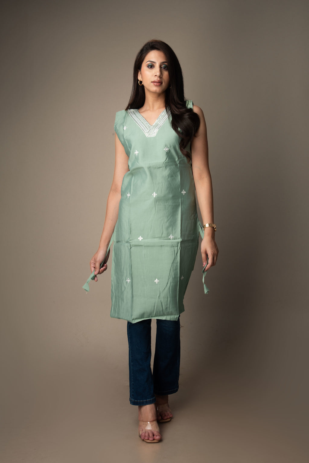 Vrishti – Sage Green Kurti with Sequin Embroidery | The Nitya Edit