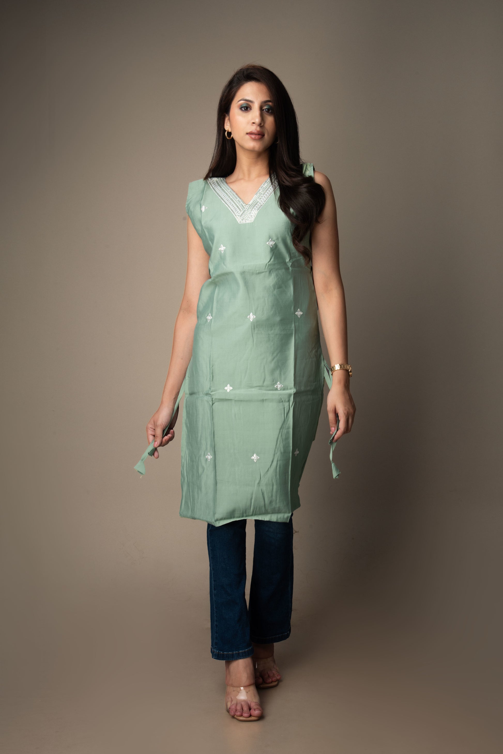 Vrishti – Sage Green Kurti with Sequin Embroidery | The Nitya Edit