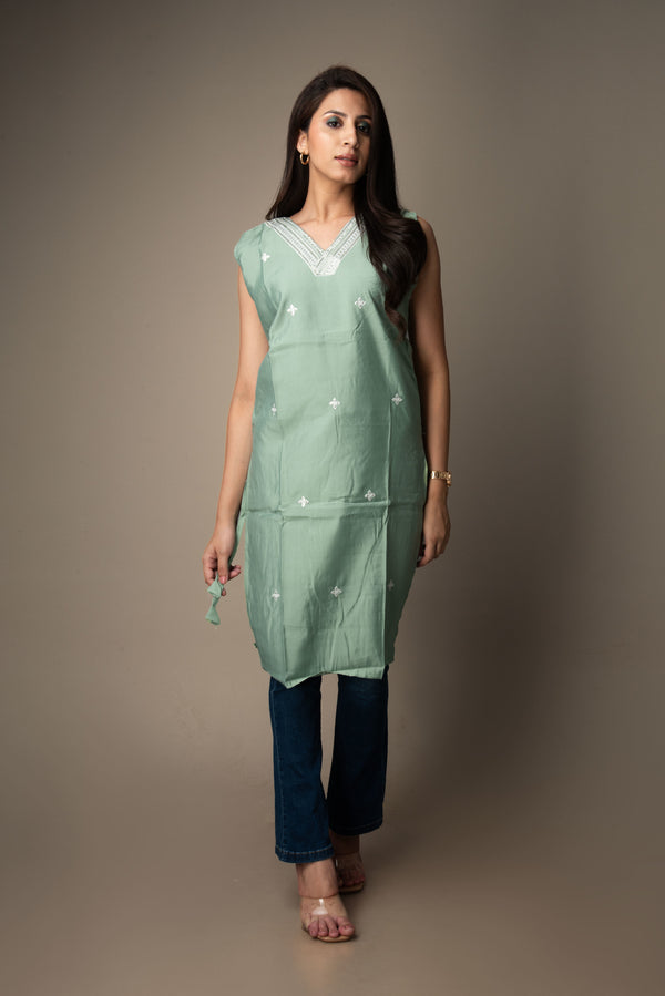Vrishti – Sage Green Kurti with Sequin Embroidery | The Nitya Edit