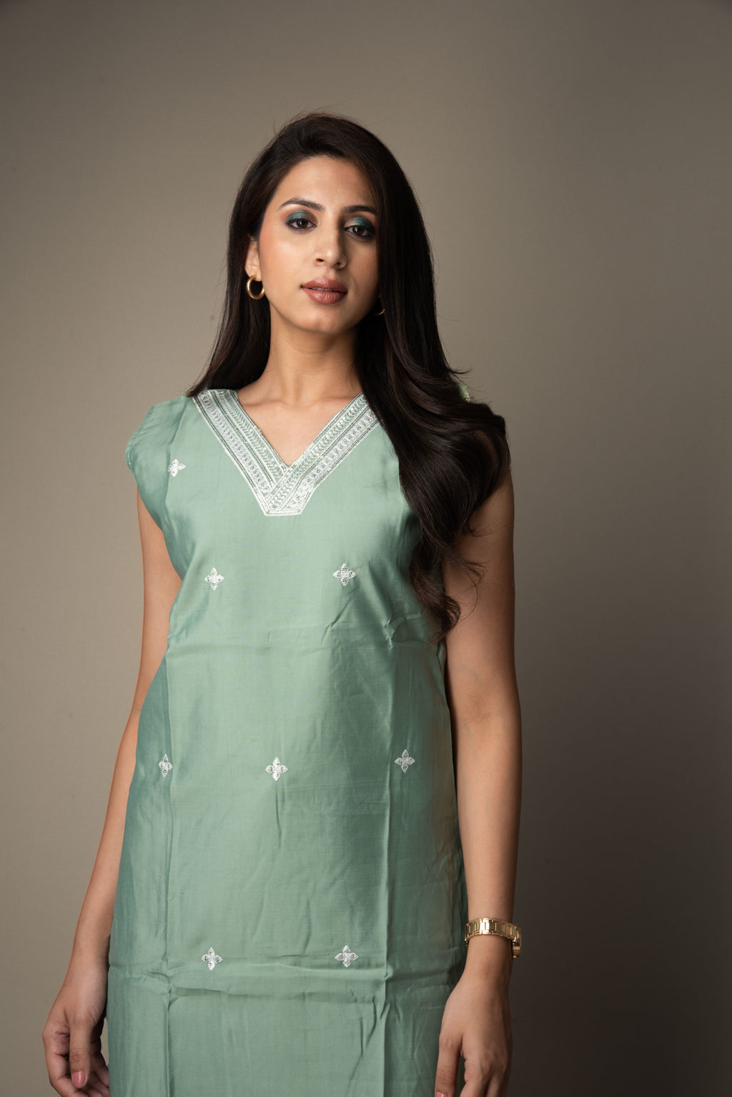 Vrishti – Sage Green Kurti with Sequin Embroidery | The Nitya Edit
