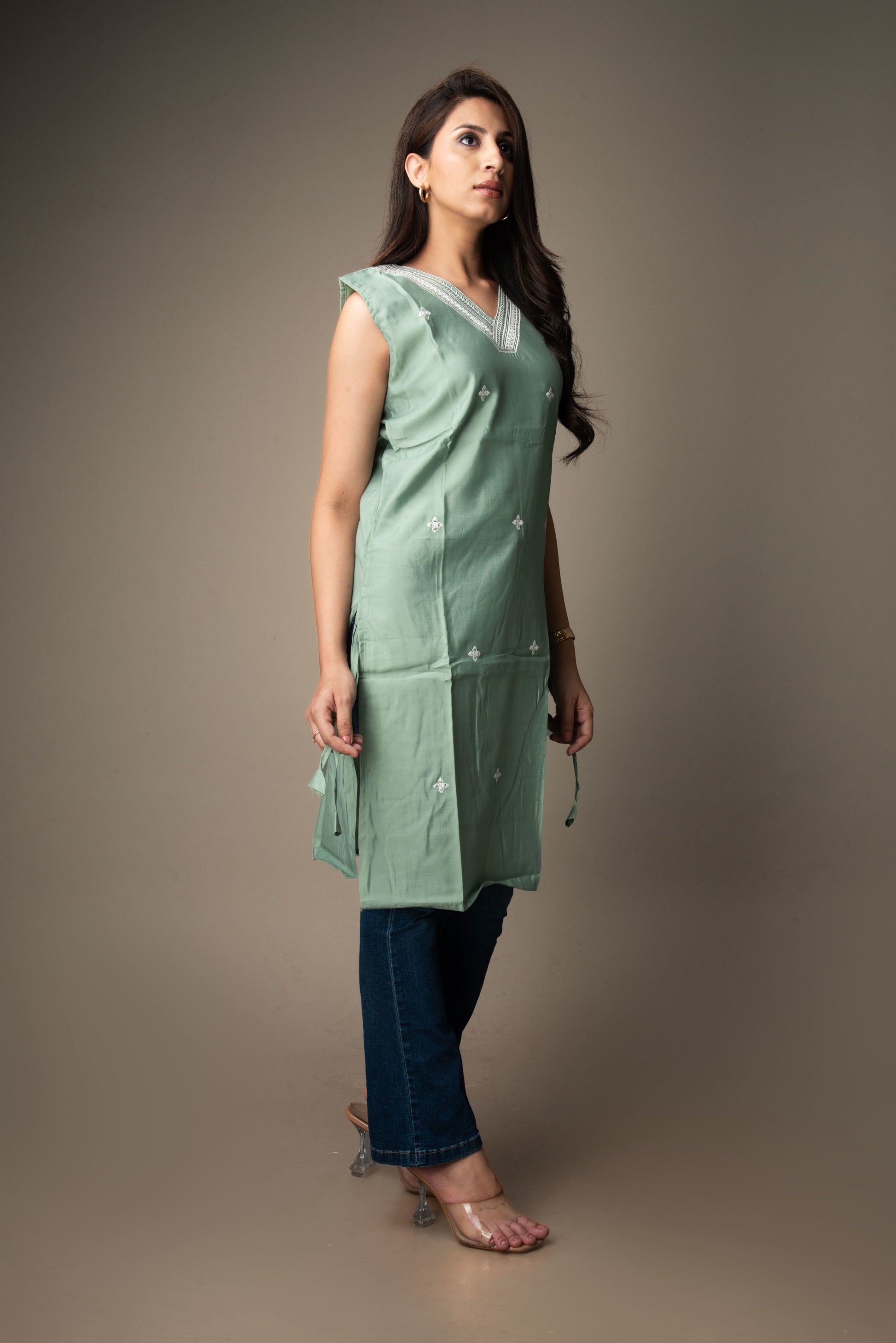 Vrishti – Sage Green Kurti with Sequin Embroidery | The Nitya Edit